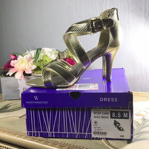 Worthington Gold Snakeskin Strappy Heels Wedding Formal Date Prom 8.5 New in Box - Picture 2 of 9